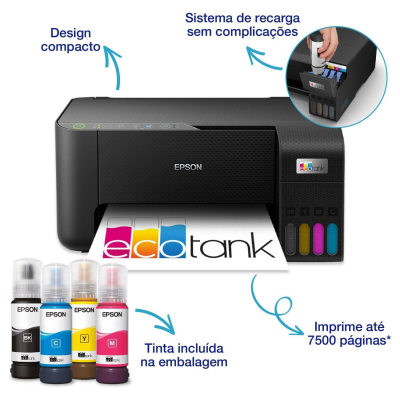 Impressora Jato de Tinta Epson EcoTank ET-2860 Multifunções (Impressão, Cópia, Digitalização), Duplex Manual, Wireless