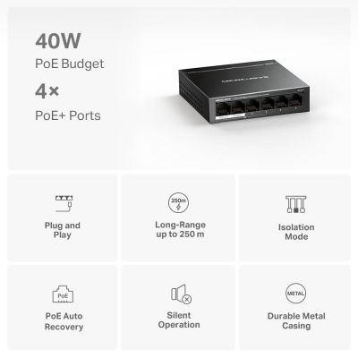 Switch de Rede Mercusys MS106LP 6 Portas 10/100Mbps Managed com 4 Portas PoE+ Desktop/Wall Mount