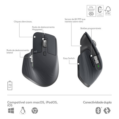 Teclado Logitech MX Keys S Bluetooth PT Graphite + Rato Óptico Logitech MX Master 3s Wireless/Bluetooth 8000DPI Graphite