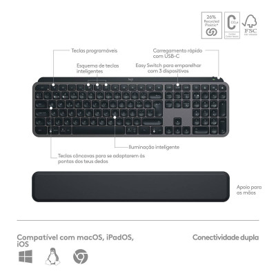 Teclado Logitech MX Keys S Bluetooth PT Graphite + Rato Óptico Logitech MX Master 3s Wireless/Bluetooth 8000DPI Graphite